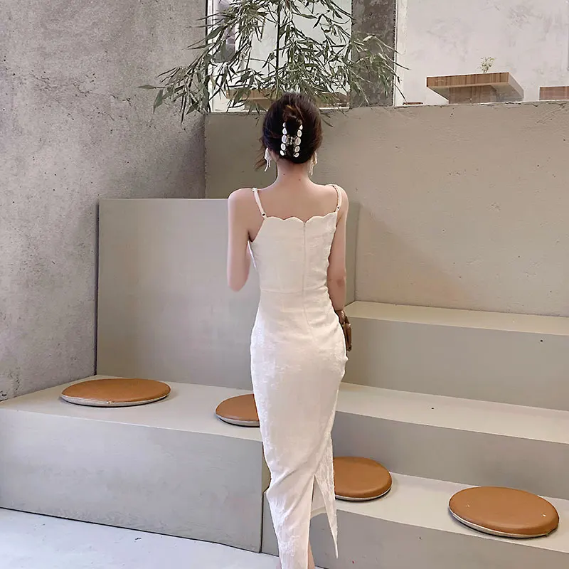 

Apricot Colour Sexy Elegant Dress Summer New French Square- Neck Sleeveless High Waist Slim Split Dress High-quality Women