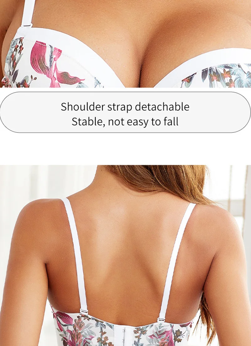 

Floral Printed Ladies Intimate Underwear Sets White Color Adjustable Push up Bra and Panty Set Underwired Female Lingerie Set