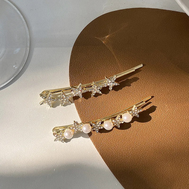 

2-piecRhinestone Pearl Star Hairpin Net Red 2020 New Autumn And Winter Cold Wind Clip Head Trim Side Clip Girl hHair Accessories