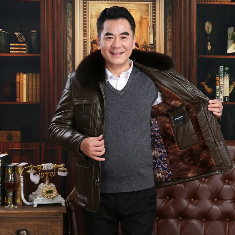 Новая зимняя утолщенная Теплая мужская куртка с меховым воротником кожаная
