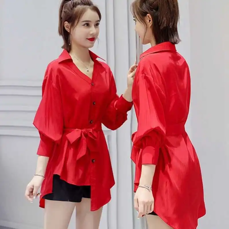 

Casual Tops for Women Full Sleeves Turn-down Collar Single Breasted Slim Tunic Office Career Shirts Irregular Red Ol Style Shirt