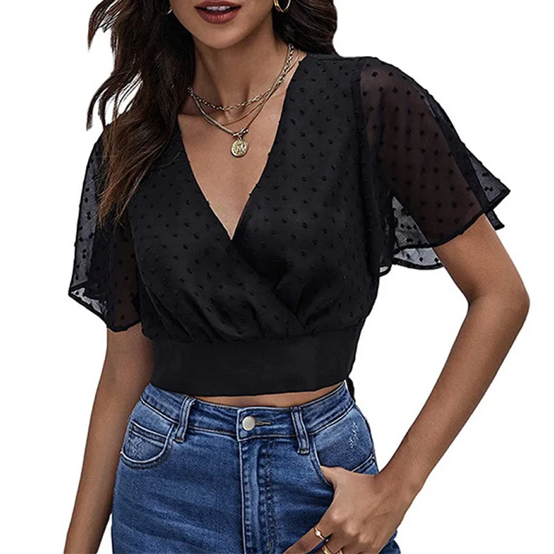 

Women Mesh Sheer Blouse Chiffon Summer Short Sleeve Sexy Wrap Deep V-neck Crop Top Shirt Fashion Female Tunics Blusas Mujer