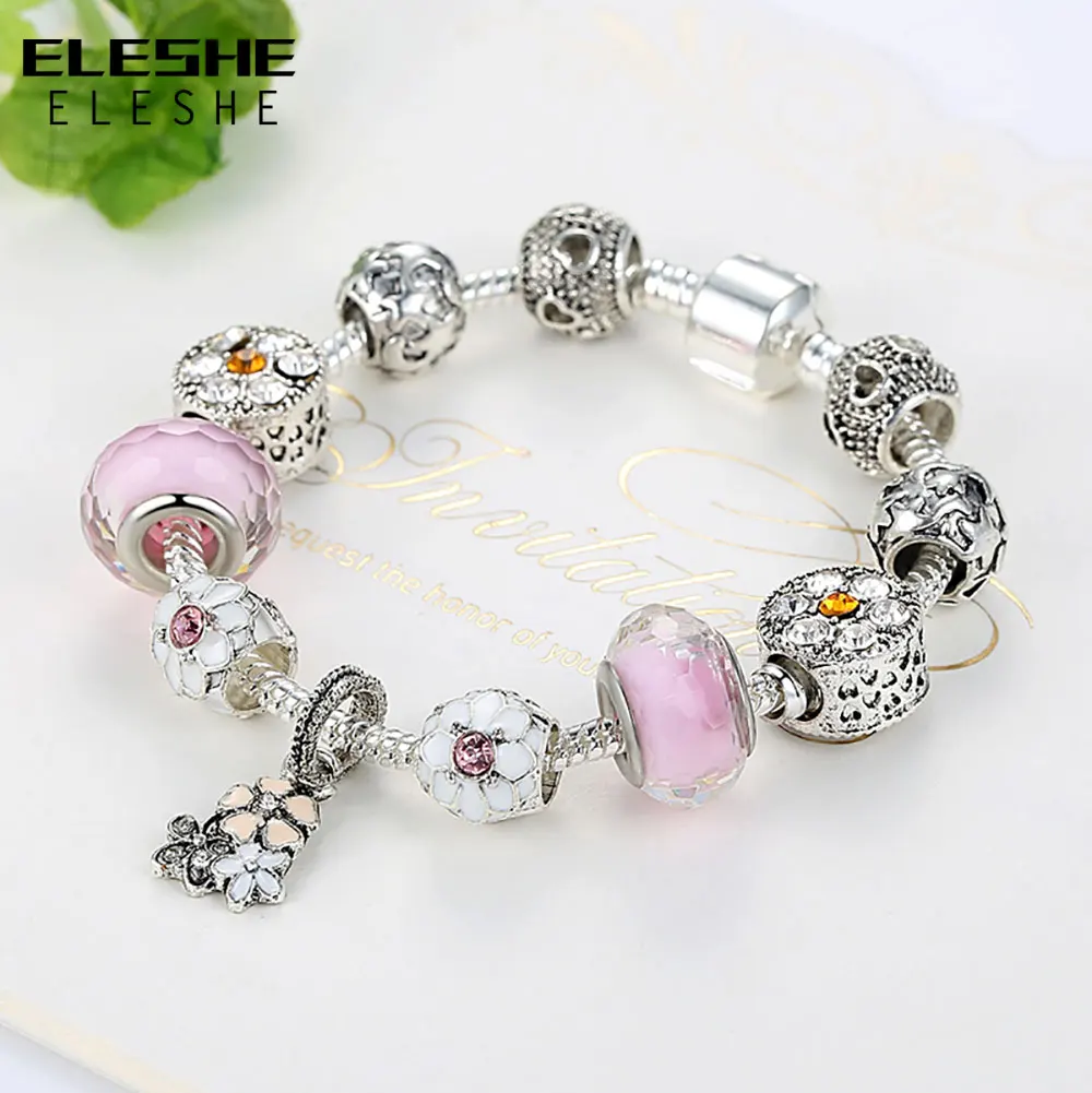 Женский браслет-Шарм с розовыми стеклянными бусинами серебристого цвета |