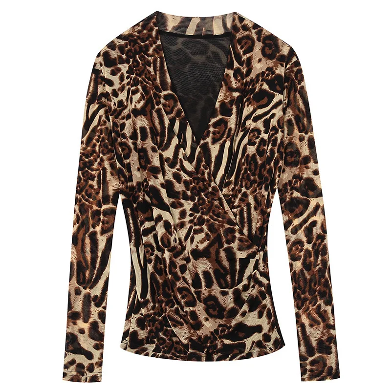 

Autumn Spring Leopard Lace Elastic Sexy Women Blouse Female Fashion Tops Large Size Office Ladies Elegant Bodycon Mesh Blouse