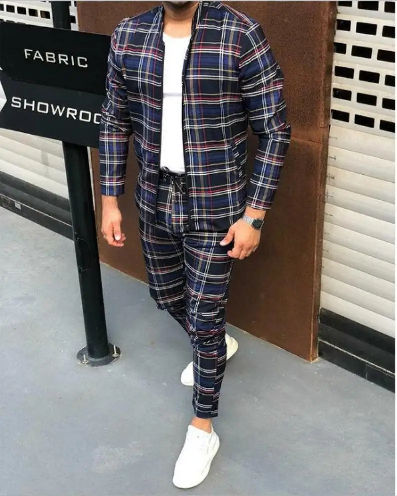

Men's casual trend jacket sports slim long-sleeved plaid sports suit sportswear men's 2-piece slim-fit jogging fitness suit