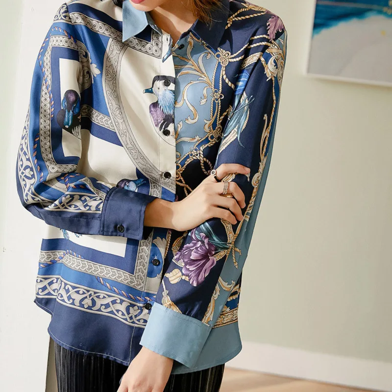 New  Chinese women s silk blouse autumn new printing mulberry silk shirt loose long sleeved shirt