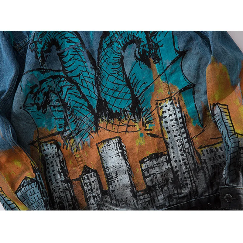 

Men's Cartoon Comics Print Denim Jacket High Street Japanese Retro Cargo Jeans Coat Hip Hop Streetwear Ripped Denim Jacket Coats