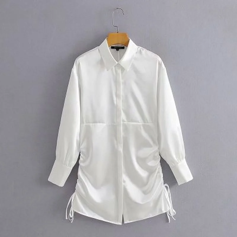 

2021 Autumn White Black Shirt Women Office Lady Turn-down Collar Solid Ladies Dresses Long Sleeve Female Elegant