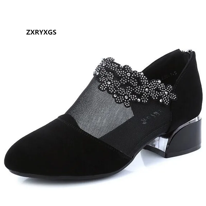

2021 New Pointed Black Frosted Sheepskin Mesh Rhinestone Shoes Woman Fashion Sandals Large Size Thick Heels Women Sandal Shoes