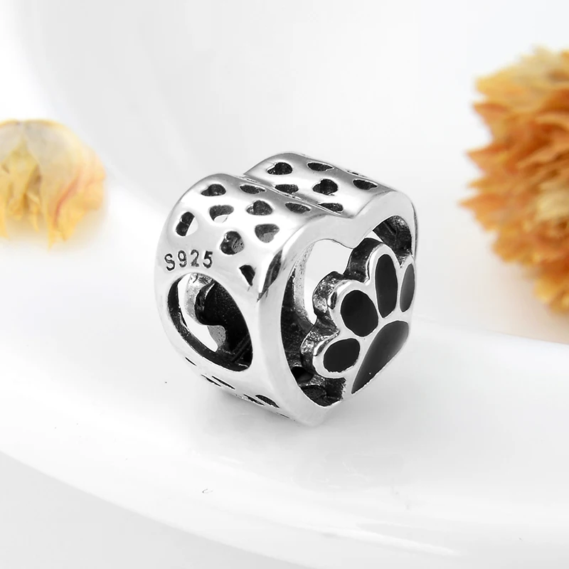 925 Sterling Silver Cat claw love heart shape black Enamel DIY beads Fit Original European Charm Bracelet Jewelry making | Украшения и