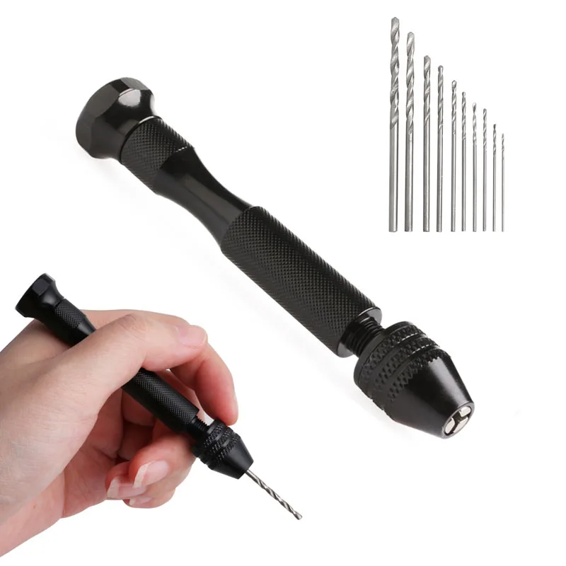 

Hot Micro Aluminum Hand Drill Keyless Chuck + 10pcs Twist Drills Rotary Tools Precise, Accurate and Efficient