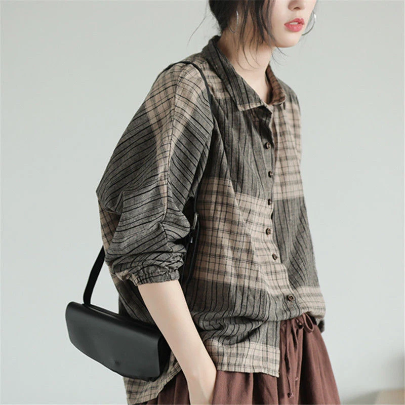 

New Arrival Autumn Women Shirt Plus Size Batwing Sleeve Loose Casual Plaid Blouse Vintage Cotton Linen Shirts Womens Tops