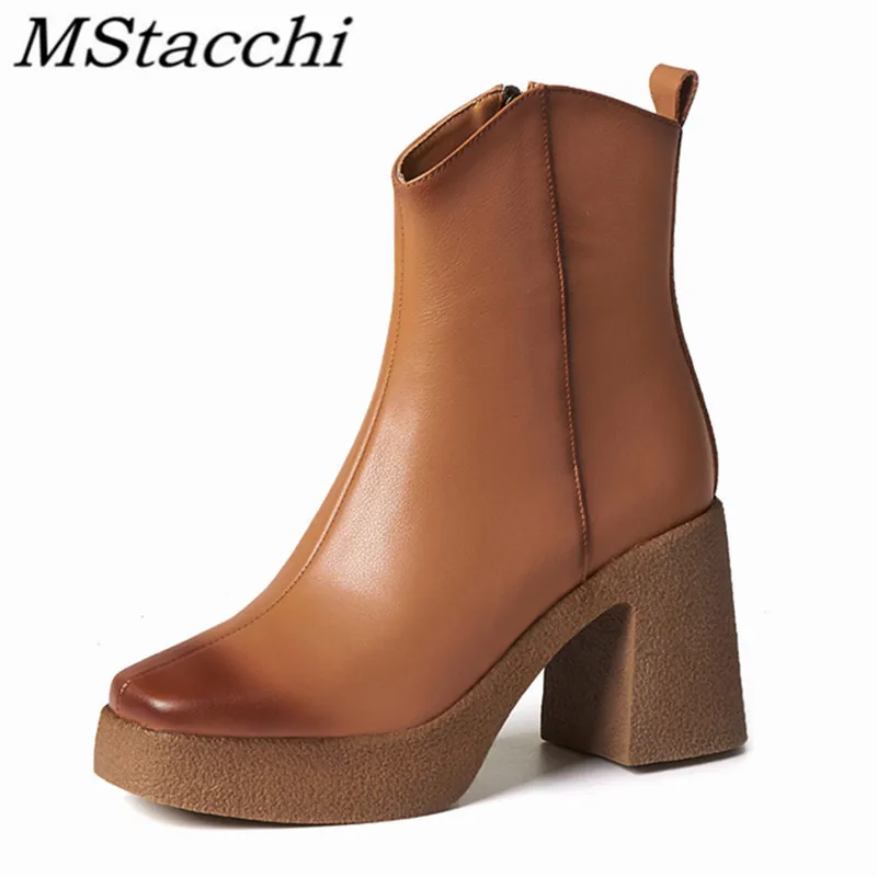 

MStacchi Woman Catwalk Martin Boots Genuine Leather Crude Heel Solid Color Platform Zipper-Sid Shoes Women's Short Botas Mujer