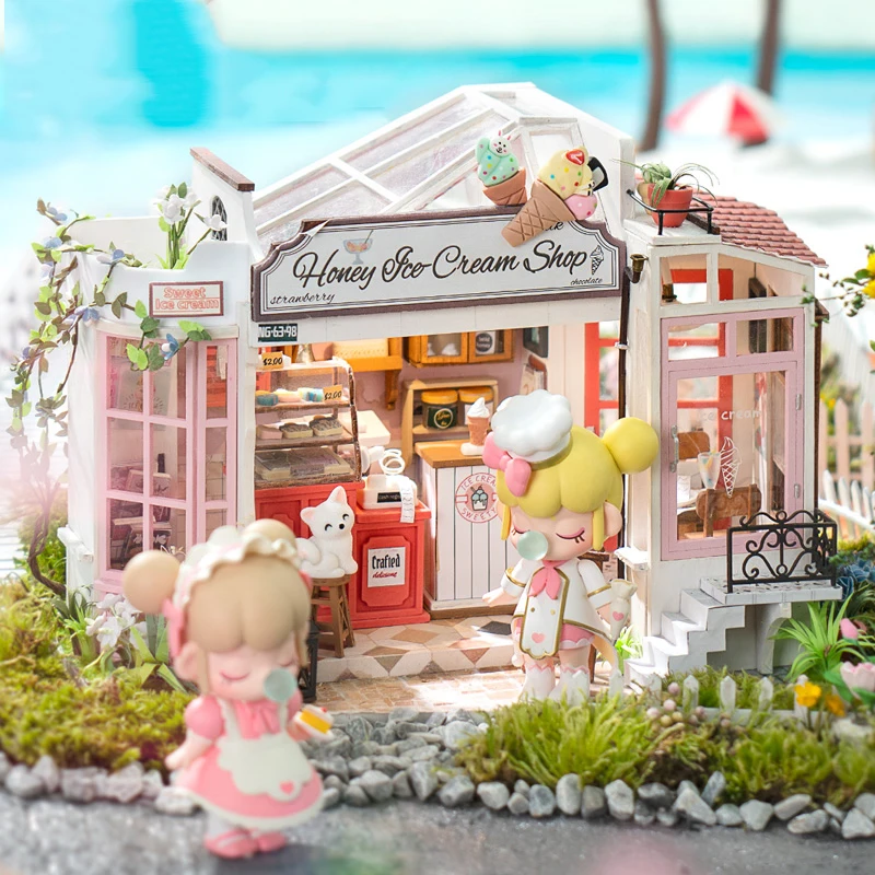 

Sale DIY Wooden Dollhouse Miniature Furniture With LED Light Kit Bar Ice Cream Shop Doll Houses Assemble Toy Birthday Gift Casa