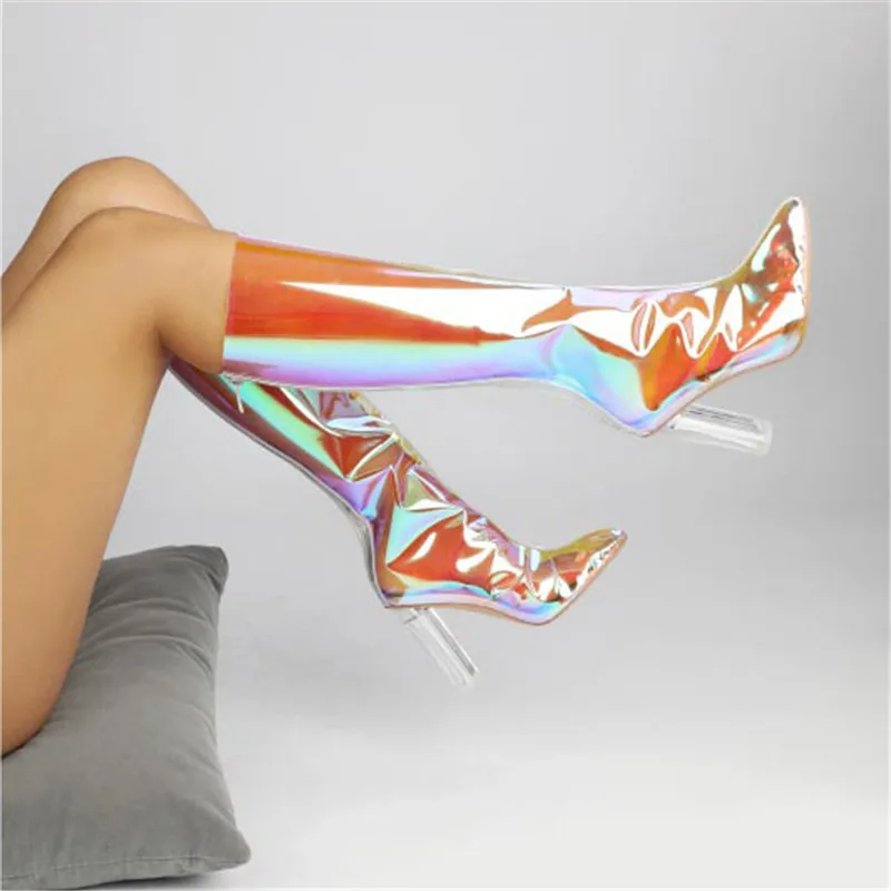 

Fashion Womens Chelsea Boots Pvc Transparent Pointed Thick Heel Middle Calf Boots Summer Nightclub DJ Sexy Pole Dance High Heels