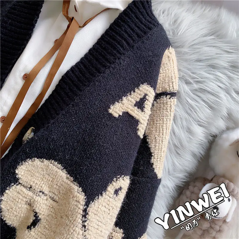

Autumn Winter Women Cardigan Jacket 2021 Cartoon Print Loose Sweater Top Coat V Neck Letter Print Knitted Cardigan Woman Clothes