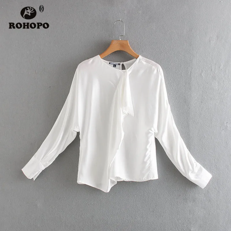 ROHOPO круглый воротник длинный рукав пятнистая белая блузка пуговица облачко шея
