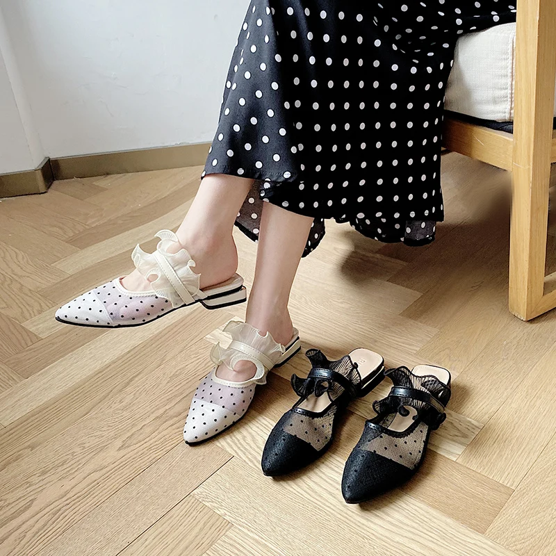 

Shoes Square heel Mules For Women 2020 Slippers Casual Slides Pantofle Low Cover Toe Block Luxury New Summer Pointed Soft