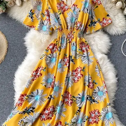 

2020 Women Vintage Floral Dress Korean V Neck Short Sleeve A Line Dress Summer Bohemian Beach Print Long Sundress