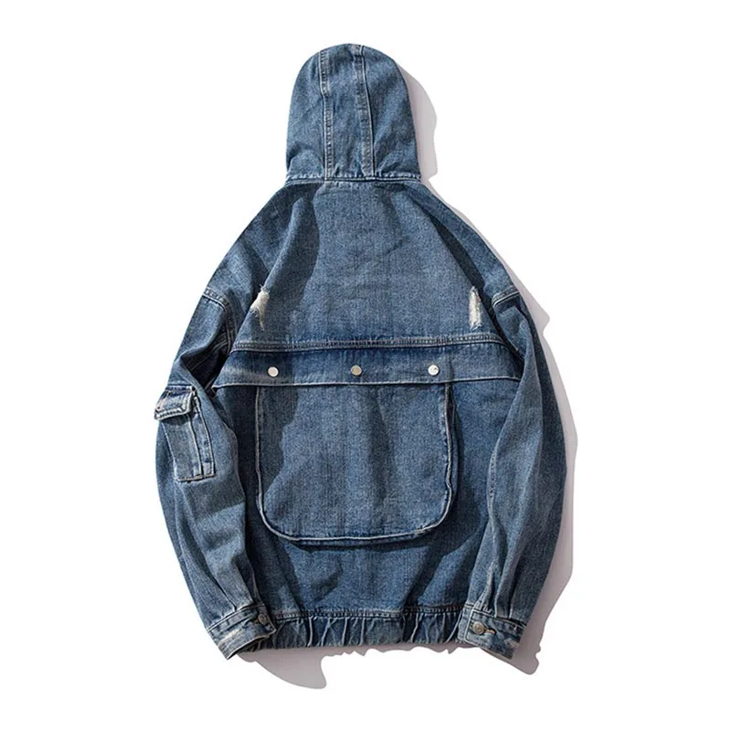 

Mcikkny Men's Ripped Denim Jackets Washed Front Pockets Hooded Jeans Jackets For Male Size M-2XL Solid Color