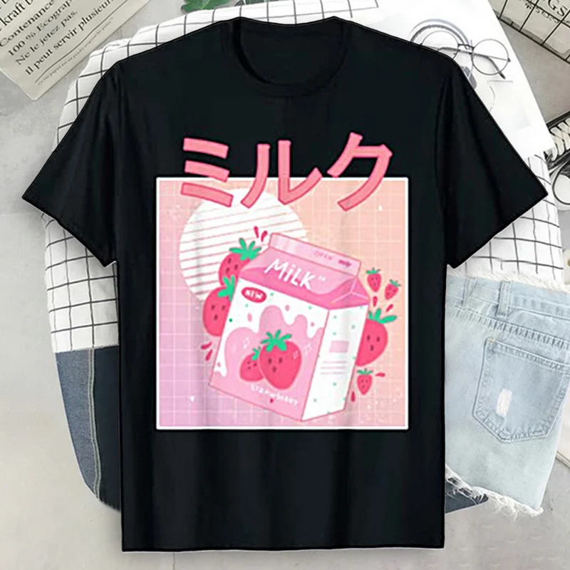 

Japan Strawberry Juice Graphic Print T-shirt Women 2021 New Summer Fashion Tshirt Tee Harajuku Aesthetic Pink Top Female T Shirt