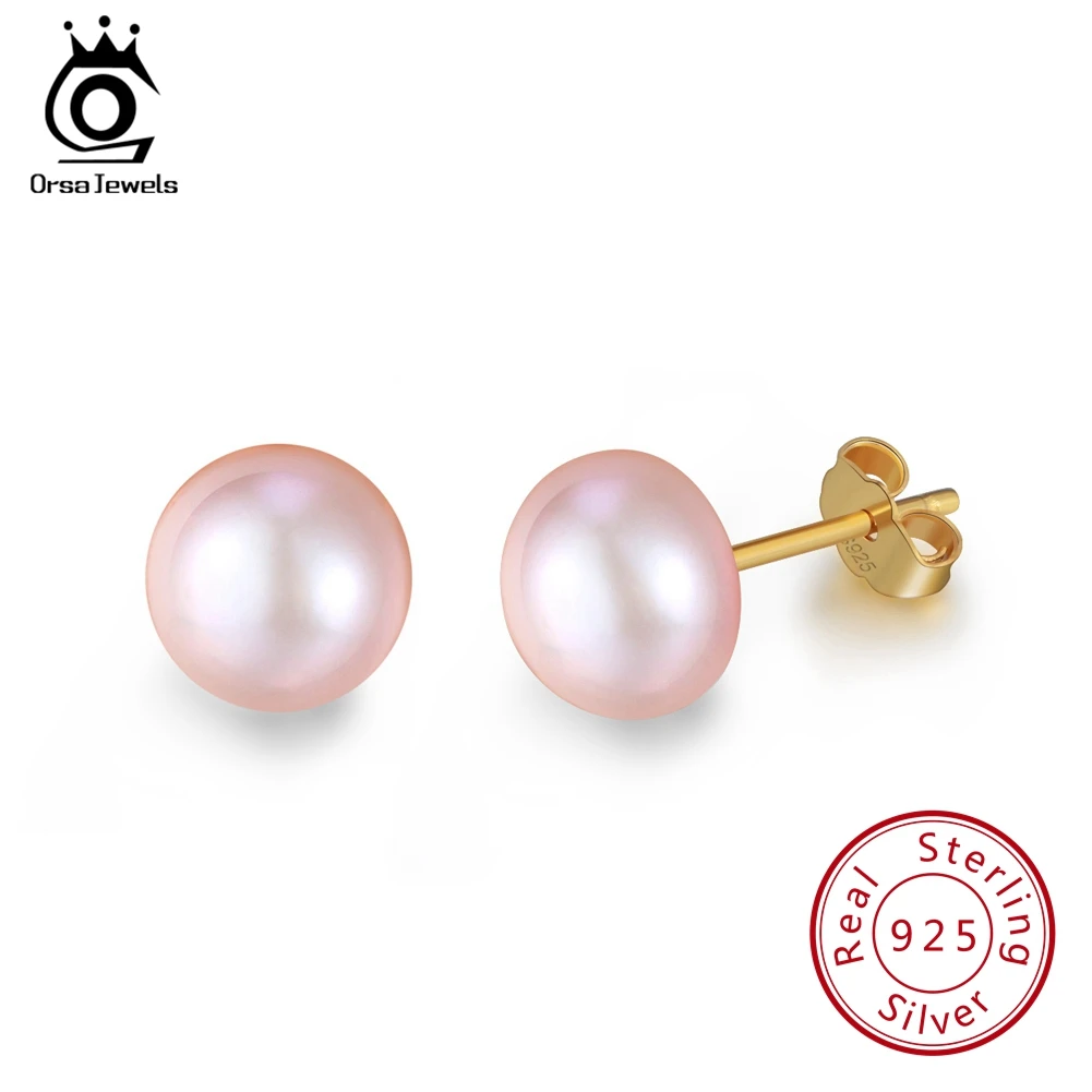 Gold- Pink Pearl ORSA JEWELS, женские серьги-гвоздики с натуральным пресноводным жемчугом, 8 мм, белый, розовый жемчуг, 925 пробы, серебро, Женские Ювелирные изделия для вечеринки RSE86 - Цвет камня: Gold- Pink Pearl
