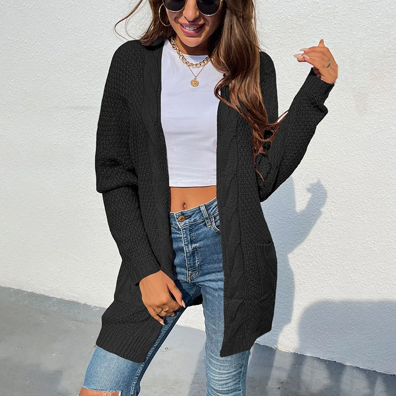 

Fashion Women Sweater Autumn Casual Hot Sale V-neck Cardigan Solid Color Twist Pocket Loose Knit Long-sleeved Sweater