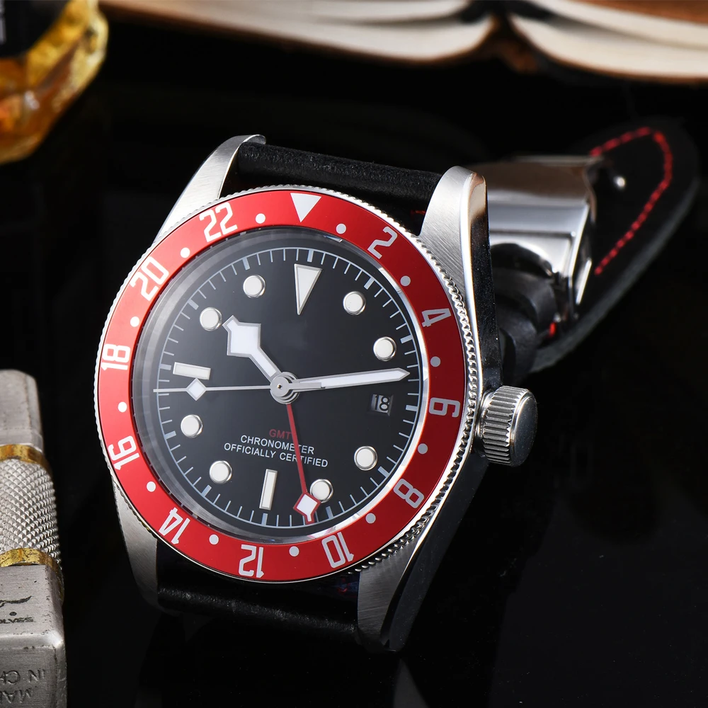 Corgeut 41 мм мужские спортивные часы с красным ободком GMT автоматические