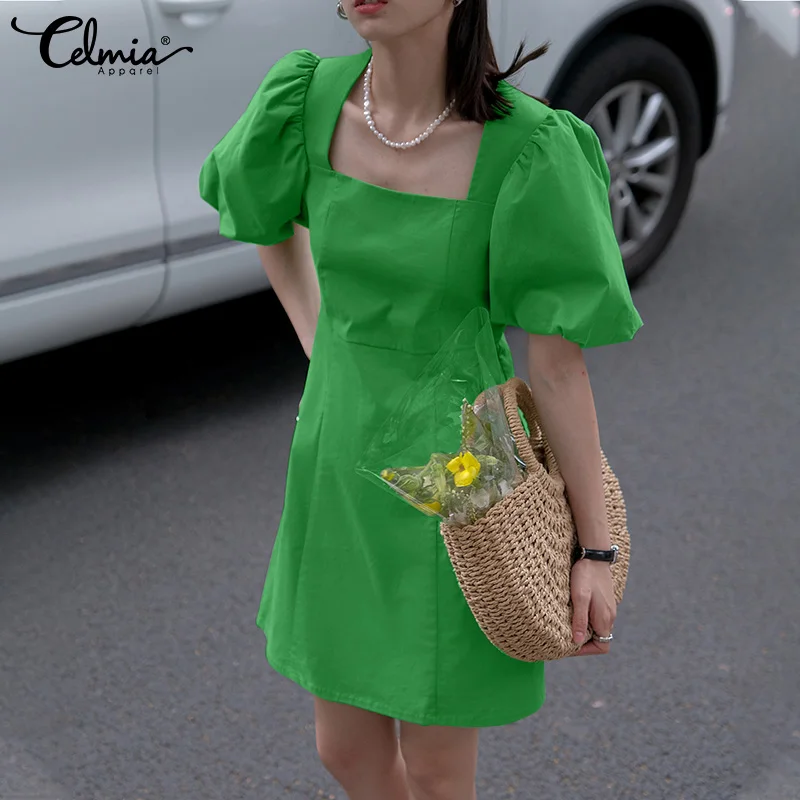 

Celmia Women Party Short Robe Casual Elegant Summer Short Puff Sleeve Vestidos Waisted Slim Sweet Square Collar Lady Mini Dress