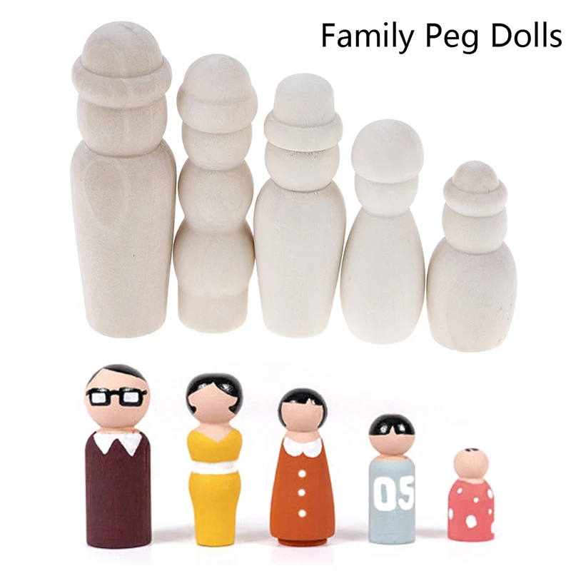 

5x Family Wooden Peg Dolls Unfinished DIY Art Craft Painting Dolls Kid Toys