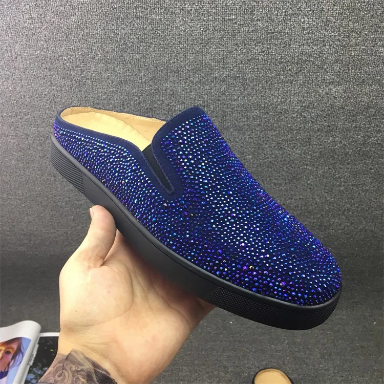 

Luxury Designer New Riveted Rhinestone Leather Red Bottom Lazy Slippers Mens Casual Sneakers Flat Skate Shoes