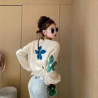 womens cute long sleeve v neck floral cardigan autumn winter long sleeve sweet knitted jacket lady casual short sweater outwear