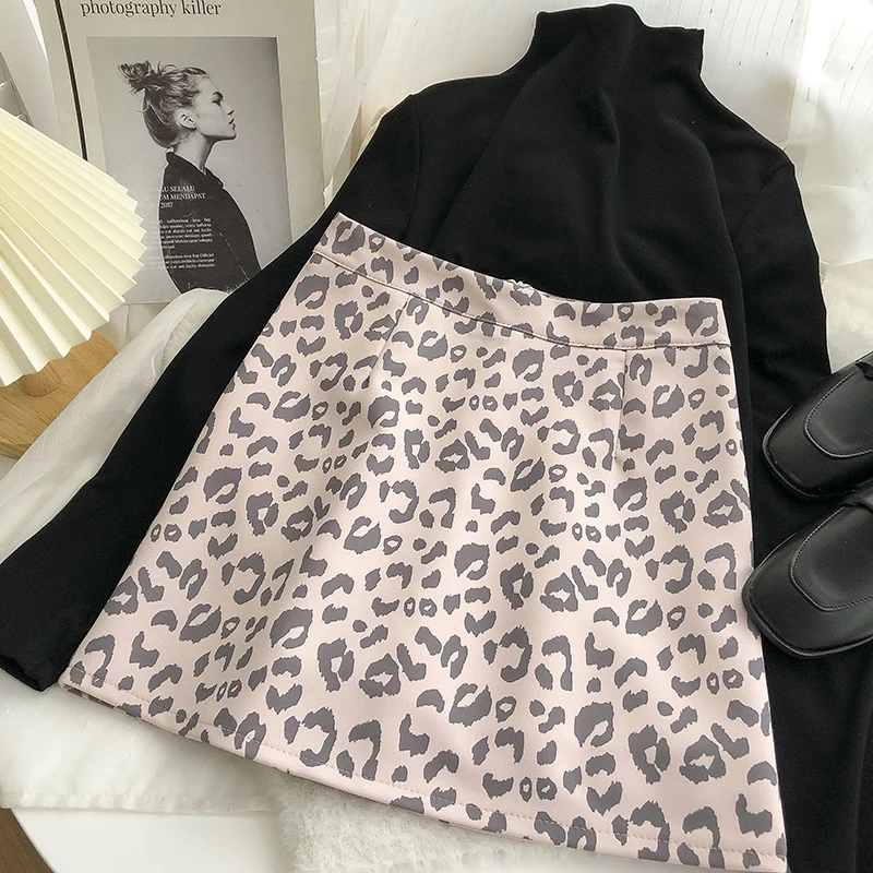

Leopard print high waist A-line skirt female early spring Korean retro all-match thin anti-fade zipper bag hip skirt