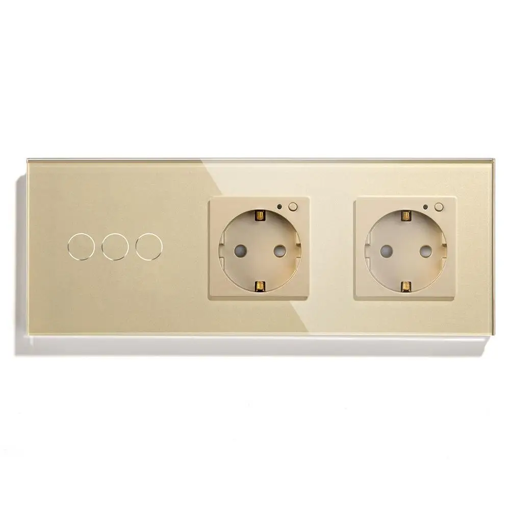 Gloden Wall Socket BSEED Двойной Wi-Fi ЕС розетки 3 банды переключатель с белый черный Gloden Кристалл стекло панель управления Alexa Google Tuya - Тип: Gloden Wall Socket