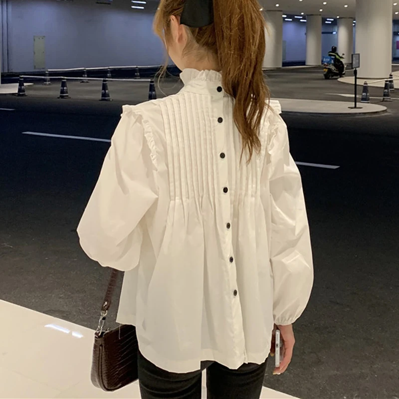 

Korean White Blouse Women Long Sleeve Back Button Blouse Pleated Shirts Spring Autumn Tops blusas mujer