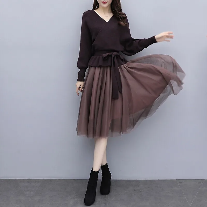 

Women Sweater Dresses Spring 2020 New Casual Bandage Knitted Dress Plus Size 4XL Vintage A-line Mesh Dress Vestidos 2 Piece Set