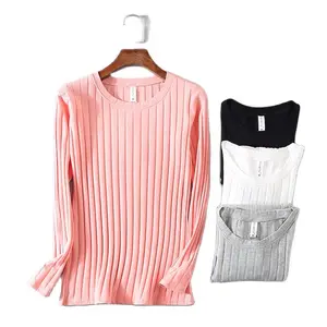 KT01 Весенняя эластичная футболка в рубчик, Женская Повседневная футболка с длинным рукавом, хлопковые футболки, трикотажные топы, размера плюс