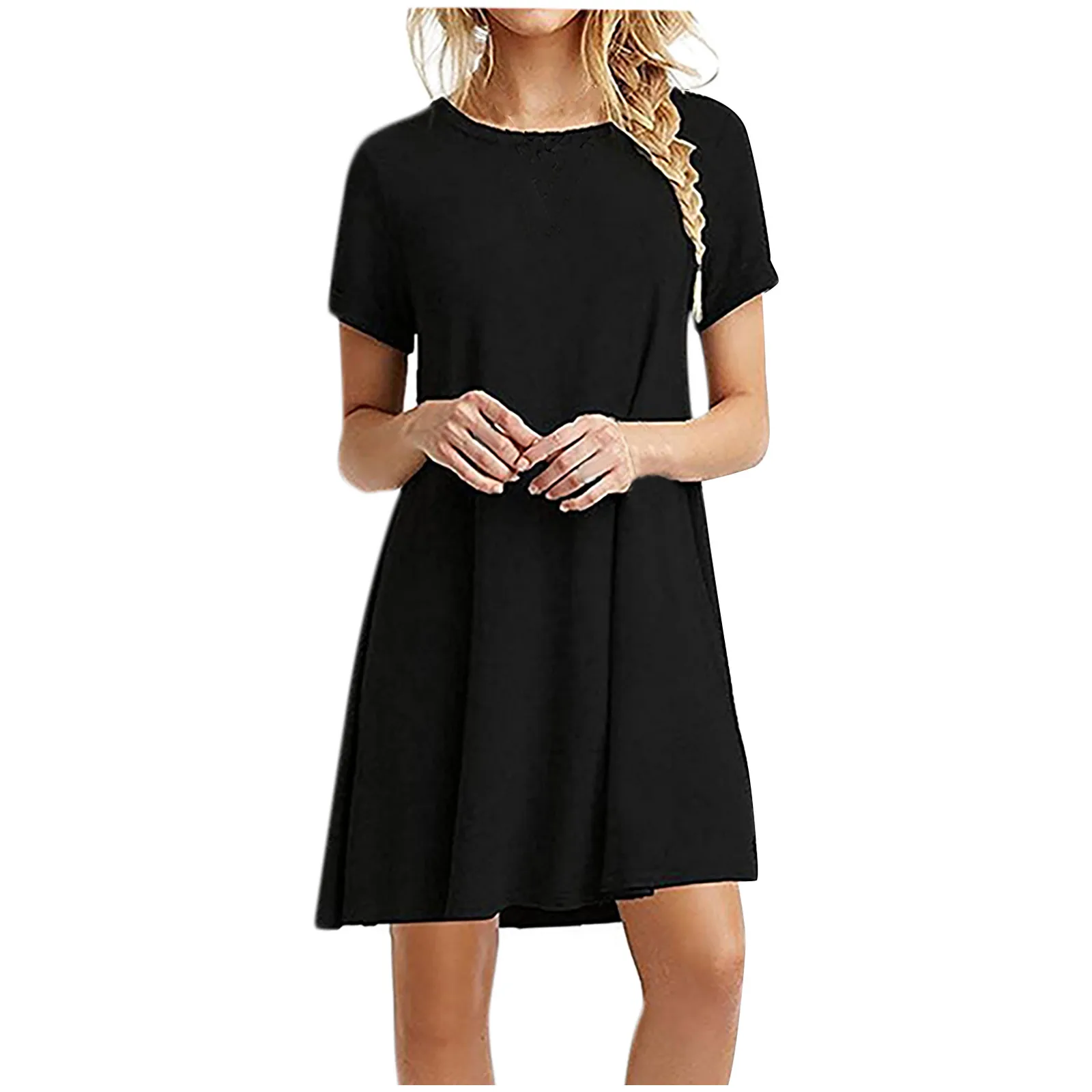 

2021 Women Short Sleeve O-Neck Swing T-Shirt Dress Solid Color Loose Sundress Summer Beach Dress Plus Size Vestidos