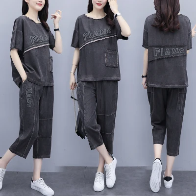 

Casual Jean Suit For Women Letter Korean Tracksuit Plus Size Suits And Sets Womens Matching Set Two Piece Set Top And Pants
