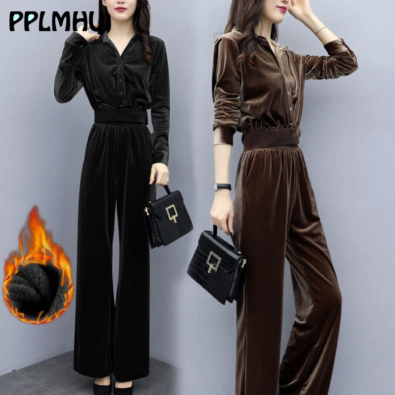 Офисный Женский бархатный толстый костюм комплект из двух предметов зимняя