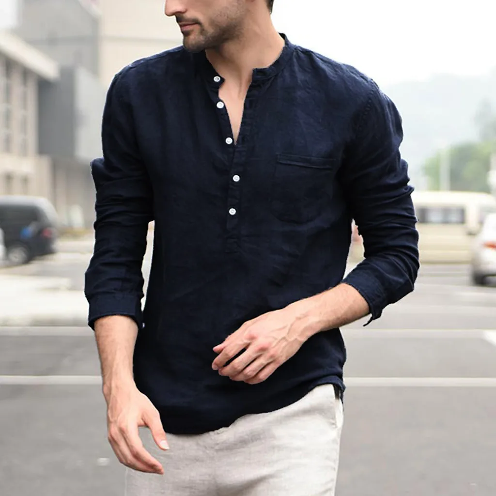 

Men Vintage Pure Color Button Linen Solid Long Sleeve Retro Shirts Tops Blouse