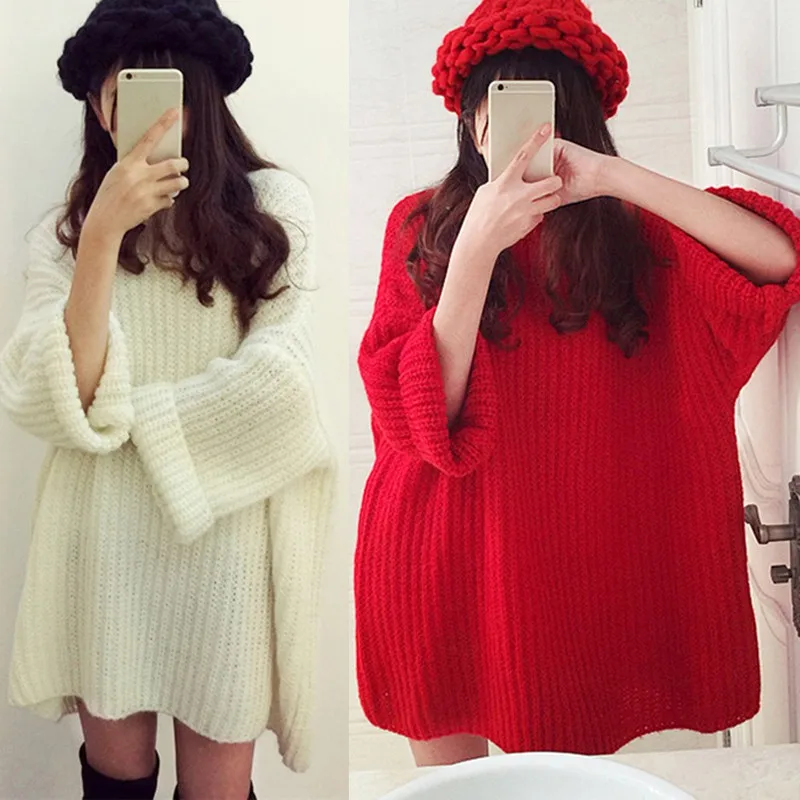 Women Autumn Winter Pullover sweater Solid Color Bat Sleeved Round Collar Loose Bottom Sweet femele clothes | Женская одежда
