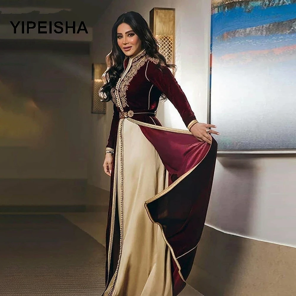 

Марокканское официальное платье-трапеция Caftans бордового цвета с длинным рукавом Вечерние платья до пола велюровое винтажное праздничное п...