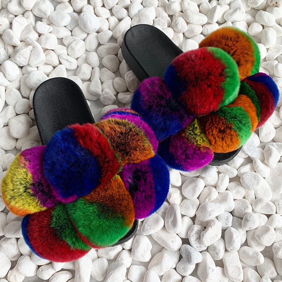 

Pom Pom Fur Slippers Women Fluffy Sliders Furry Sandals Real Rabbit Fur Slippers Fox Fur Slides Multicolor Customize