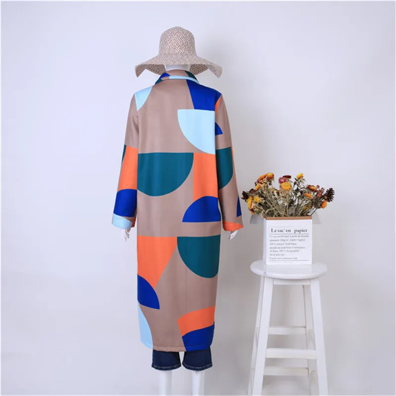 Смешанное пальто куртка модный принт цвет блока цветной узор длинная зимнее