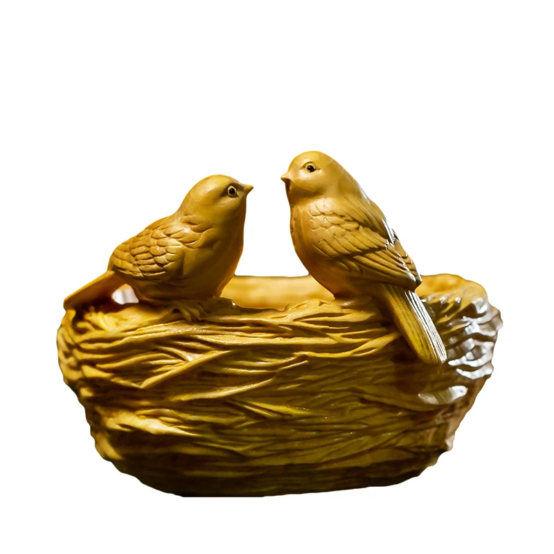 8 см Птичье гнездо с двумя птицами ручной работы резная деревянная статуя