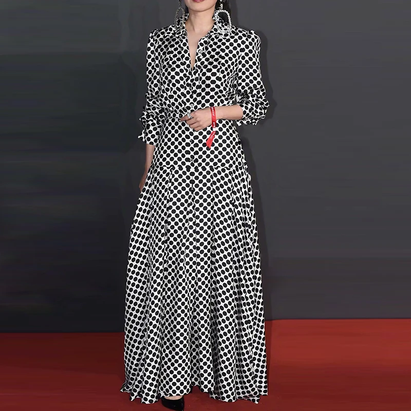

Newest HIGH QUALITY Fashion 2021 Runway Dress Women's shirt Collar Long sleeve Sashes Pleated DOT Print dress