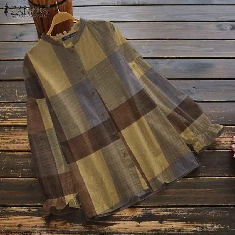 

O-Neck Grid Printed Button Thin Chemise Bohemian Fashion Casual Loose Holiday Tops 2022 ZANZEA Autumn Women Flare Sleeve Blouse