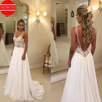anjuruisi 2019 cheap beach wedding dresses lace appliques v neck sexy backless boho bridal gowns a line robe de mariage chiffon