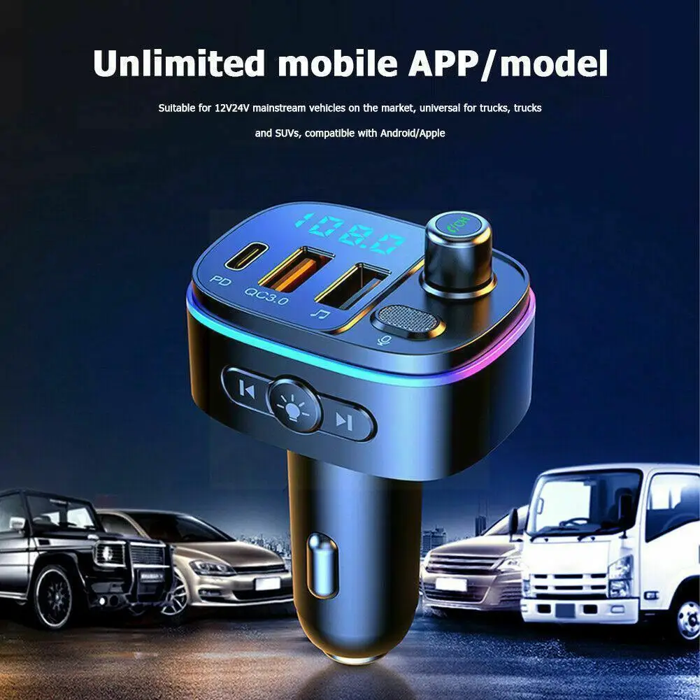 

Bluetooth 5.0 Fm Transmitter Car Mp3 Er Led Ambient Fm With Charger Light Fast Disk Navigation U Wireless Transmit B7d5